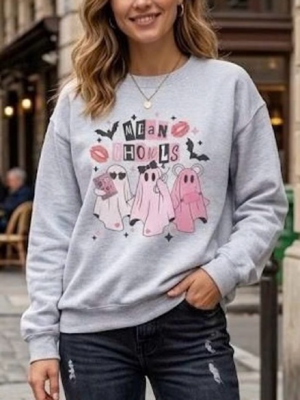 Mean Ghouls Pink Ghost Halloween Sweatshirt Cute Spooky Fall Crewneck Grey